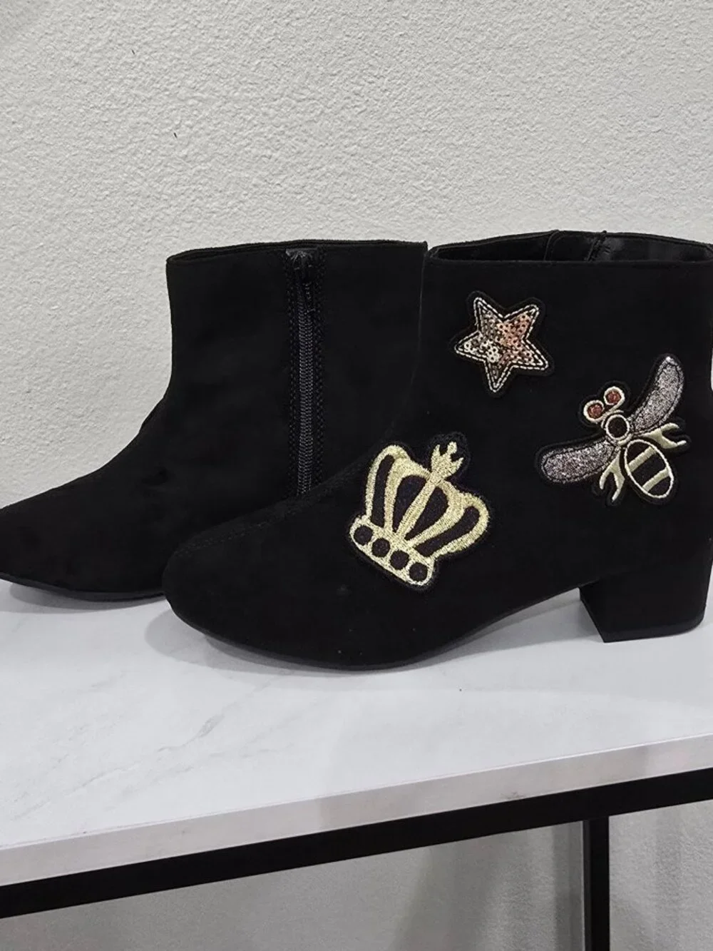 The Children’s Place ✦ Black Embroidered Ankle Boots ✦ Crown Star Bee Accents 5